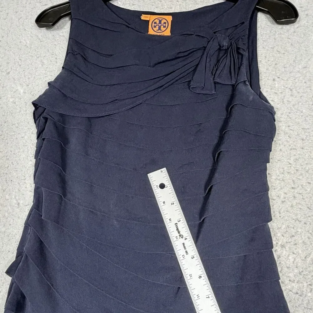 Tory Burch Waltraud Silk Tiered Bow Top Women’s Size 6 Navy Blue Sleeveless